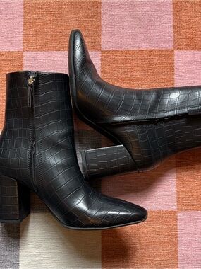 H&M Black Croc-Embossed Ankle Boots with Block Heel